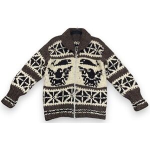 Vintage Cowichan Sweater Mens M Ivory Brown Eagle Whale Hand Knit Native 60s 70s
